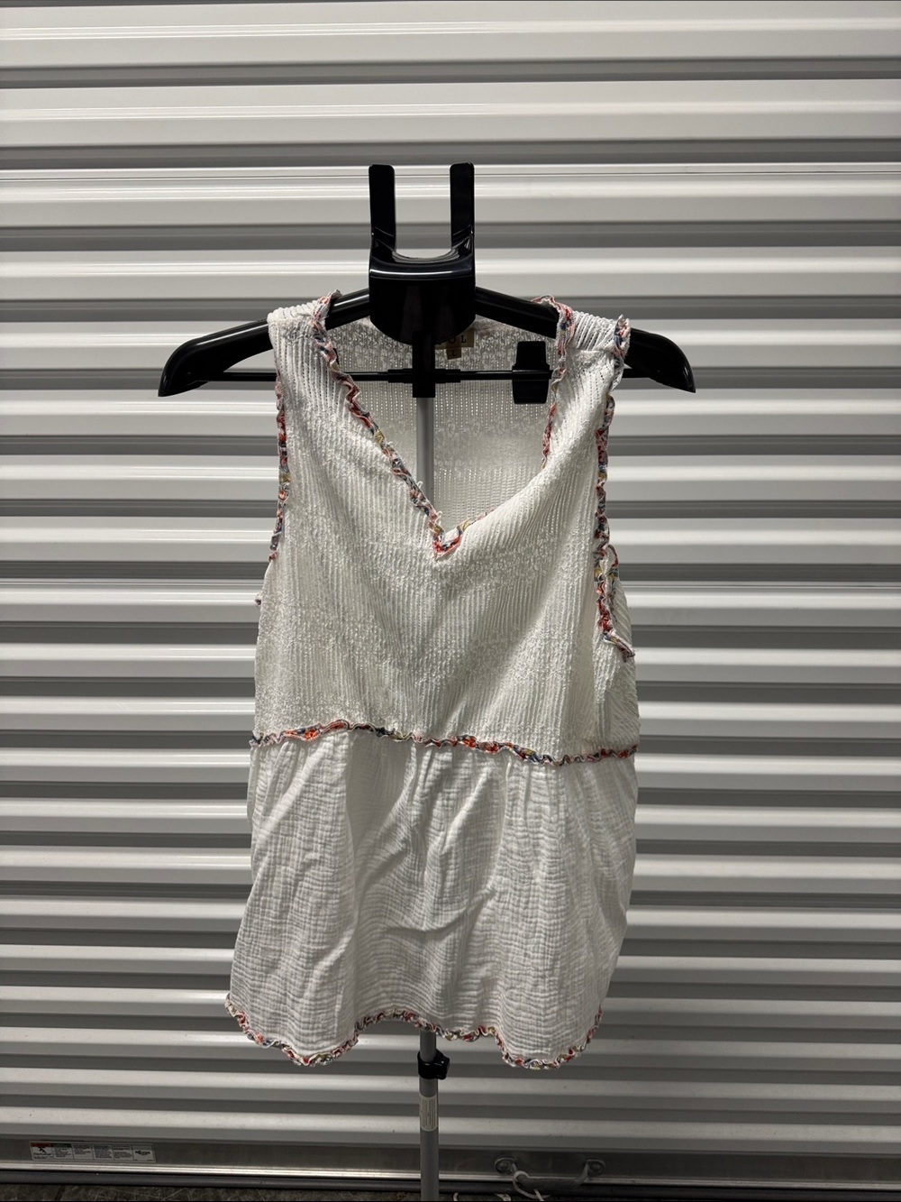 POL White Smocked V-Neck Tank with Multicolor Contrast Trim